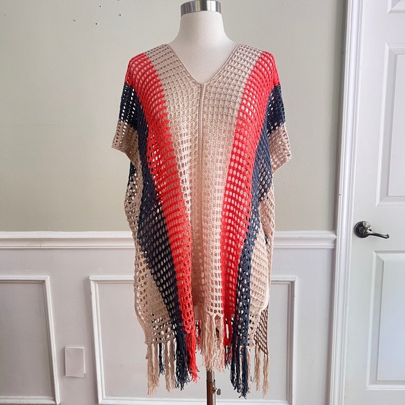 Other - Crochet Poncho Women OS Colorblock Fringe V-Neck Mesh Coverup Multicolor‎ Hippie
